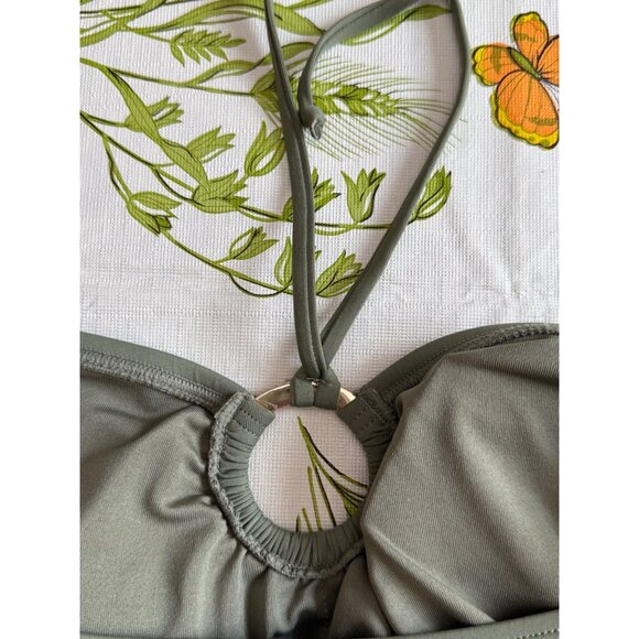 Michael Kors Olive Green Halter Tankini Swim Top W/ Gold Ring Detail & Ruched S - Picture 4 of 7